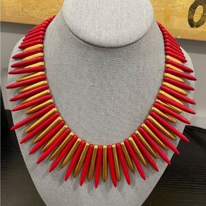 KJL Kenneth Jay Lane necklace dyed red howlite spike gold tone bib collar 18”
